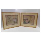 2 Vintage Framed Asian Silk Paintings Bird Themed