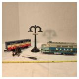 Marx dummy locomotive; train car; Street light