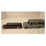 2 toy buses; Vintage cast iron; Pressed steel bus