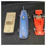 3 model cars; Pressed metal Schylling Bluebird
