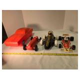 4 race cars; Dukes of Hazzard coin bank, 16"