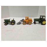 3 tractors; John Deere, 5"; Front loader, 7"