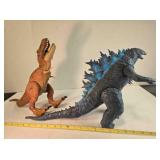 Godzilla & T-Rex action figures; about 11" tall