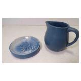 Vintage Blue Stoneware Soap Dish Embossed Flower