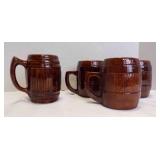 4 Vintage Molded Wood-Grain Etched Ceramic Mugs