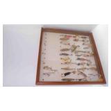 Vintage Fishing Lures Wood Case w/glass slide top