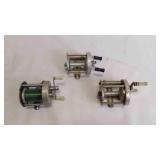3 Vintage Baitcasting Fishing Reels- 1 w/Line