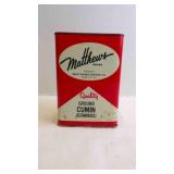 Vintage Matthews Brand Ground Cumin Spice Tin Can