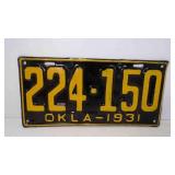 1931 Oklahoma License Plate Black w/Yellow Letters