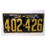 1929 Oklahoma License Plate Black w/Yellow Letters