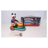 Vintage Panda Drumming on Wheels Wind Up Tin Toy