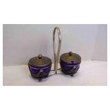 Vintage Silver Plate Double Glass Condiment Caddy