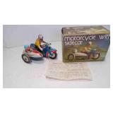 Vintage Clockwork Motorcycle w/Sidecar Wind Up Tin