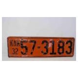 1932 Kansas License Plate Orange w/Black Letters