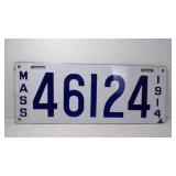 1914 Massachusetts Porcelain License Plate White