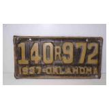 1937 Oklahoma License Plate Black w/Yellow Letters