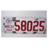 1914 Michigan Porcelain License Plate White w/Red