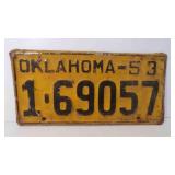 1953 Oklahoma License Plate Yellow w/Black Letters
