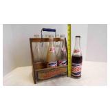 7 Vintage Pepsi-Cola Bottles And Wooden Carrier