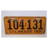 1931 Colorado License Plate Orange w/Black Letters