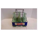 7 Vintage Pepsi-Cola Bottles And Metal Carrier
