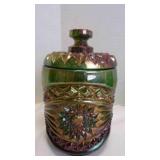 Vintage Carnival Iridescent Green Glass Etched Jar