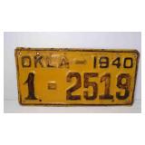 1940 Oklahoma License Plate Yellow w/Black Letters