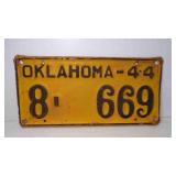 1944 Oklahoma License Plate Yellow w/Black Letters