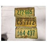 3 vintage Oklahoma license plates