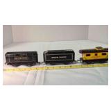 3 pressed metal railroad cars, 6" length