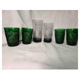 2 tumblers w/initial P & 4 green juice glasses