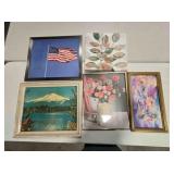 5 framed prints; Still life, mountains, patriotic