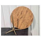 36" Round veneer dropleaf table, metal pedestal
