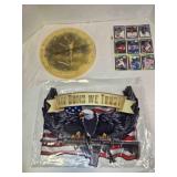 In Guns We Trust sign, Deer clock, 9 MLB cards