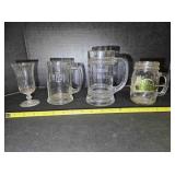 3 clear mugs & stemmed clear glass