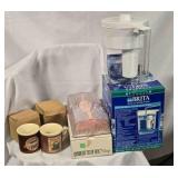 Brita filter pitcher, 2 coffee cups, tissue holder