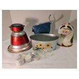 Planter, water jug, solar light & metal bird