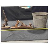 Galvanized bucket, wood plane, brad setter
