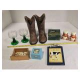 Boot planter, boxes, salt/pepper, plaque, glasses