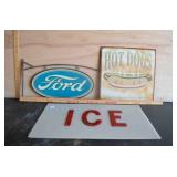 Ford, Ice, Hot Dog Metal and Plastic Signs