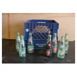 Gold Spot milk crate and 7 Dr. Pepper bottles