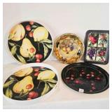3 Fruity Metal Trays & bowl, 2 Round Plastic Trays