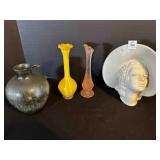 White Ceramic Lady Head Vase, Satin Glass bud vase