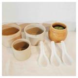 4 small Crock Bowls, Porcelain Asian Soup Spoons