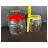 Antique Jars w/lids, red lid jar-wire/wood handle