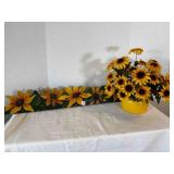 Yellow Crock bean pot w/silk sunflowers