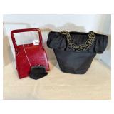 Black Satin Ruffle barrel Purse, Small Red hand Ba