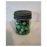 Green Marbles, 5 Uranium glass, half pint zinc