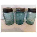3 Ball Mason Blue Glass 1 pint jars w/Zinc lids