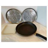 12' T-Fal Skillet, 2-holey pizza pans, Nordic ware